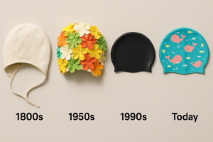 Tidslinje med badehætter fra 1800-tallet til i dag, herunder en vintage gummihætte med blomster fra 1950'erne, en sort moderne konkurrencehætte og en farverig børnehætte med hvalmotiver.