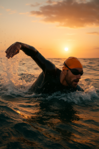 Ironman-atlet svømmer i åbent hav ved solopgang iført våddragt og badehætte