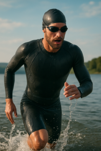 Triatlet i våddragt træder op af vandet under træning til Ironman