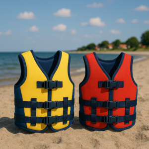 To farverige svømmeveste til børn står på sandet på en dansk strand en solrig sommerdag