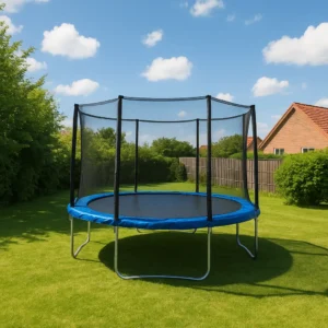 Trampolin med sikkerhedsnet i grøn dansk have på en solrig sommerdag med blå himmel og hvide skyer.