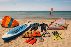 Vandsportsudstyr som våddragter, redningsveste, SUP board og kitesurf udstyr ligger klar i sandet på en dansk strand.
