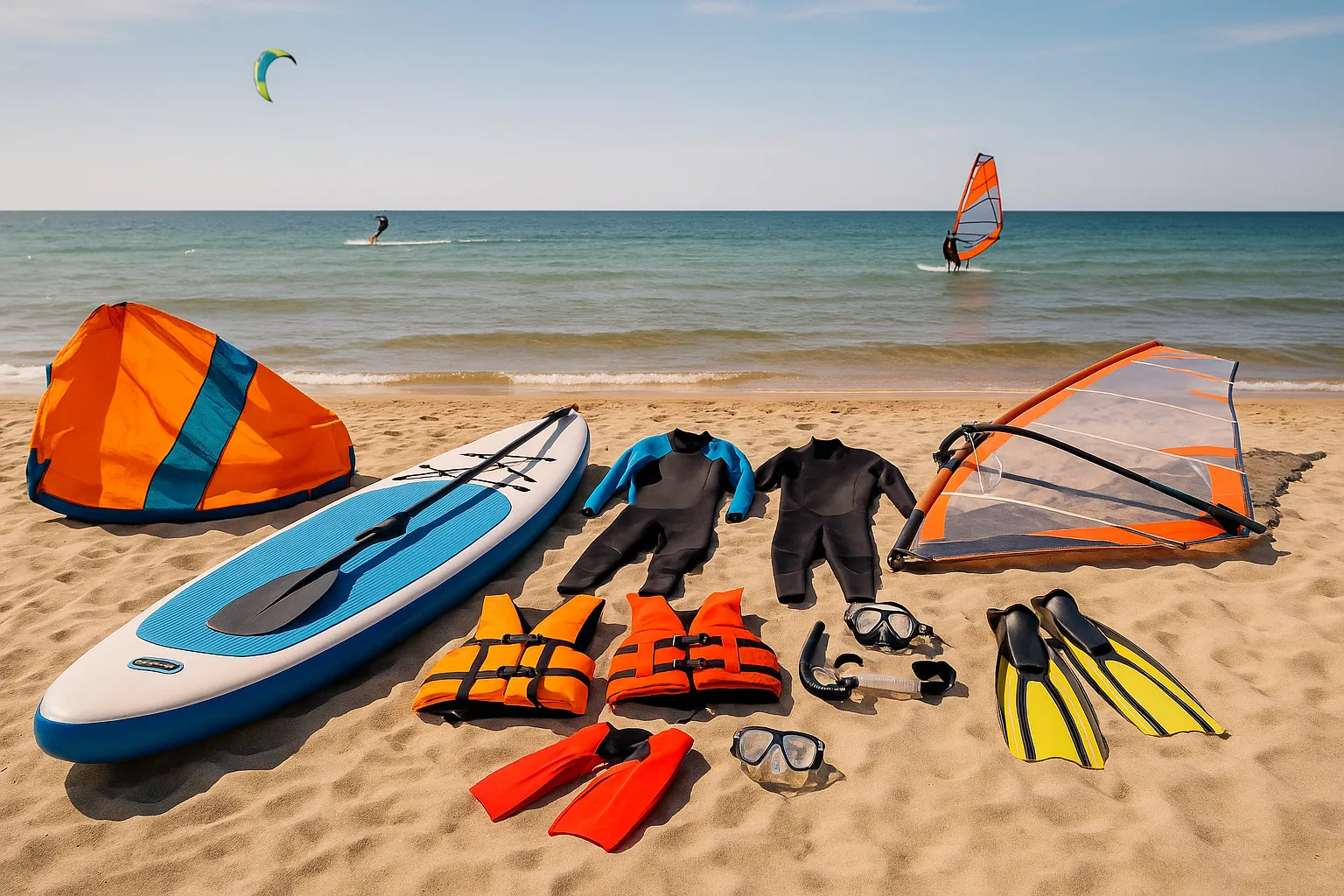 Vandsportsudstyr som våddragter, redningsveste, SUP board og kitesurf udstyr ligger klar i sandet på en dansk strand.