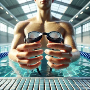 Nærbillede af hænder der holder svømmebriller foran en indendørs swimmingpool