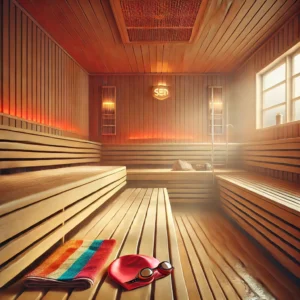Infrarød sauna med badehætte og svømmebriller på træbænk – svømmetema i wellnessmiljø