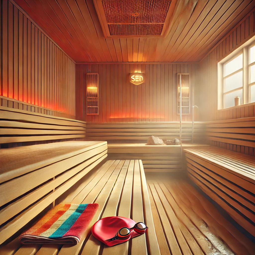 Infrarød sauna med badehætte og svømmebriller på træbænk – svømmetema i wellnessmiljø